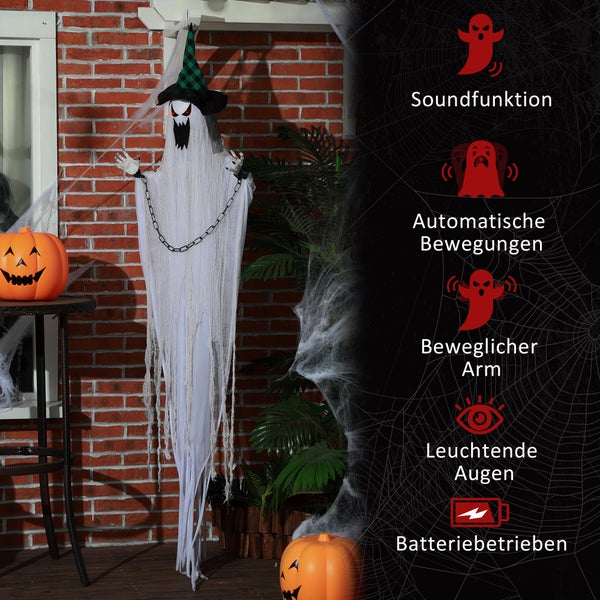 Dekorativer Halloween Geist mit Soundfunktion, automatischen Bewegungen, beweglichem Arm, leuchtenden Augen und Batteriebetrieb.