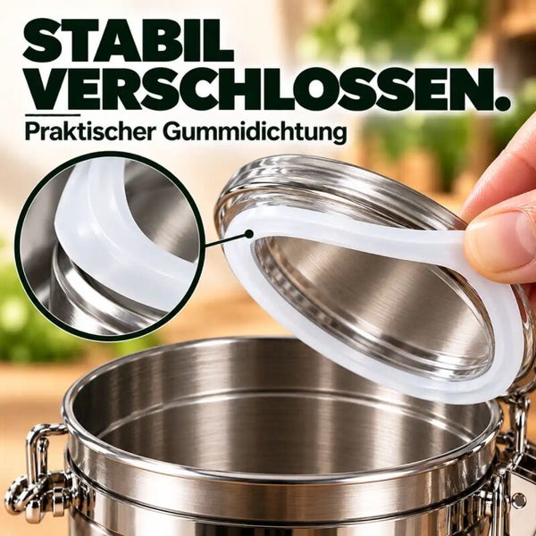 Edelstahl Vorratsbehälter mit Bügelverschluss und herausnehmbarer Silikondichtung im Detail.