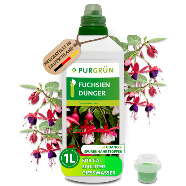 Purgrün Fuchsiendünger mit Guano und Spurennährstoffen in 1 Liter Flasche für circa 200 Liter Gießwasser, hergestellt in Deutschland.