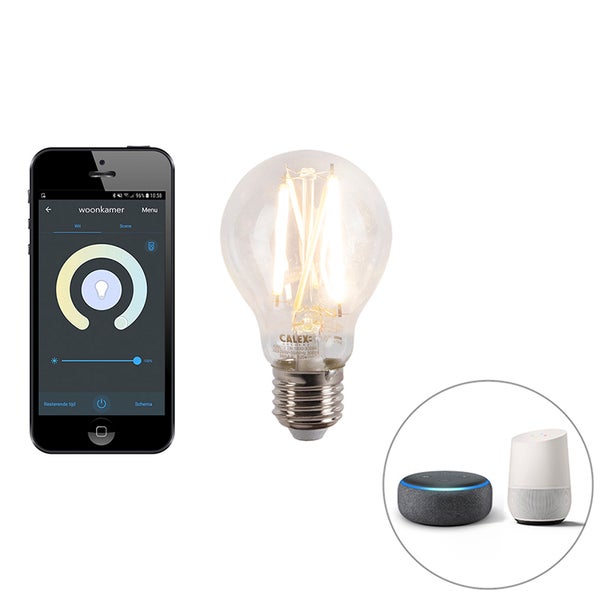 Calex Smart-LED-Filament-Leuchtmittel E27, steuerbar über Smartphone-App und kompatibel mit Smart-Home-Lautsprechern.
