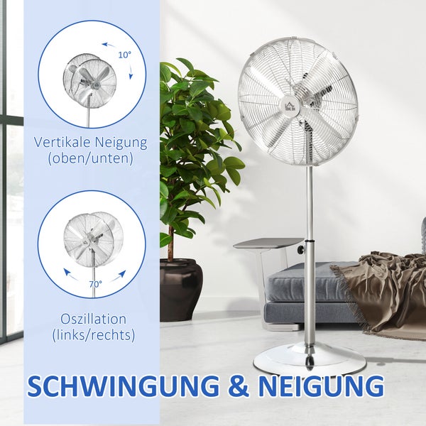 HOMCOM Standventilator, höhenverstellbar, 3 Geschwindigkeitsstufen, Verstellbarer Neigungswinkel, 44.5cm x 44.5cm x 87-120cm, Stahl, Silber