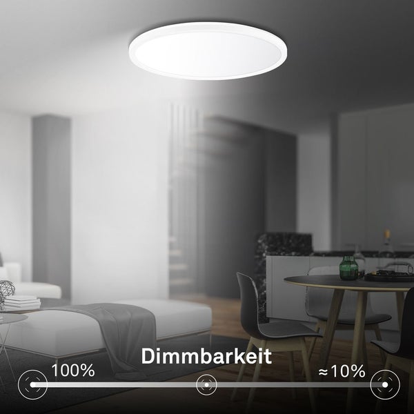 Runde LED Deckenleuchte mit Dimmfunktion in einem Wohnraum