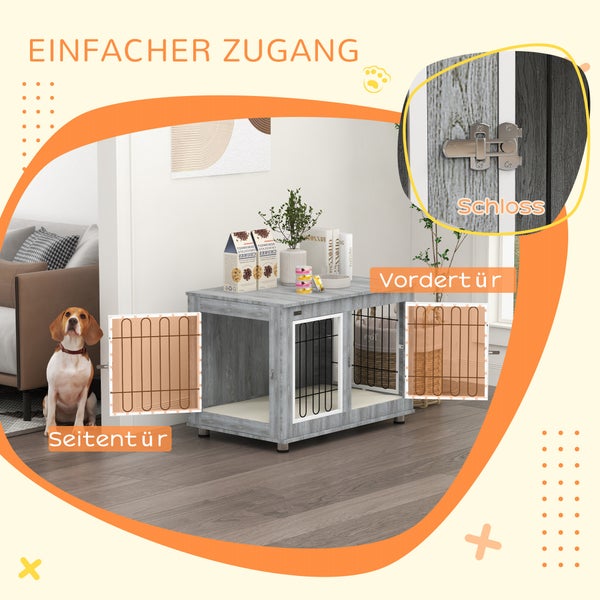 PawHut Hundekäfig, Hundehütte, Haustierkäfig mit Kissen, 2 Verriegelungen für Mittelegroße Hunde, Hundebox mit Doppeltüren, Hundehaus, Grau, 90 x 58 x 65 cm