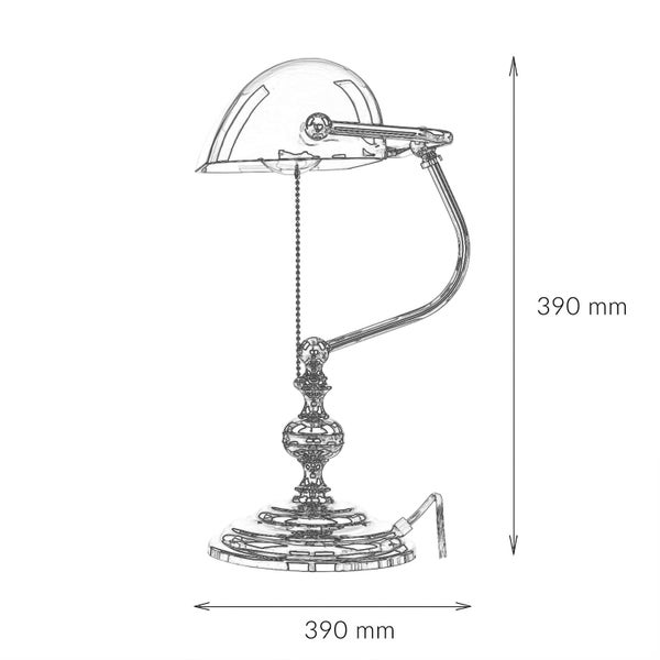 Skizze einer Schreibtischlampe mit den Maßen 390 mm Höhe und 390 mm Breite.