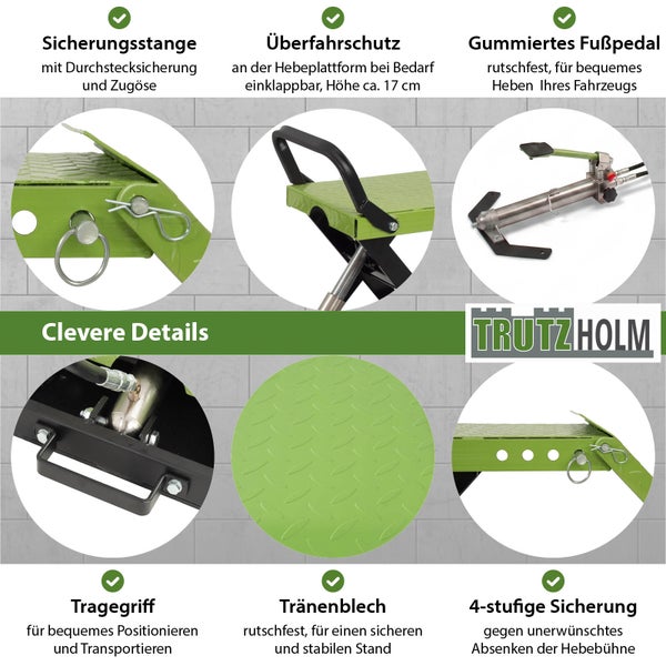 Trutzholm Hebebühne Details: Sicherungsstange, einklappbarer Überfahrschutz, rutschfestes gummiertes Fußpedal, Tragegriff, Tränenblech und vierstufige Sicherung.