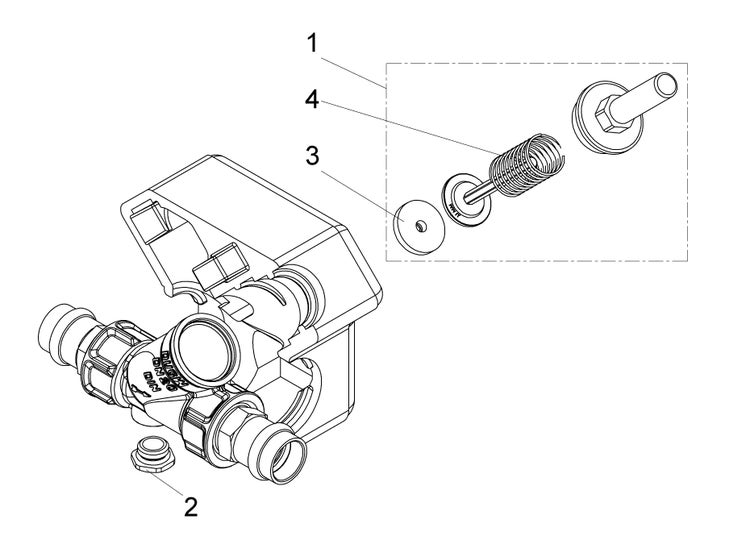 Explosionszeichnung einer Armatur mit Feder und Dichtung, markiert mit den Ziffern eins bis vier.
