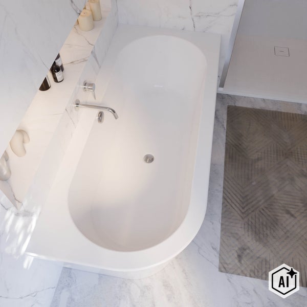 Ovale Einbaubadewanne in modernem Badezimmer mit Marmoroptik und Wandarmatur aus der Vogelperspektive.