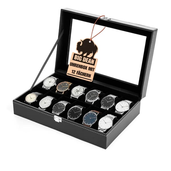 Uhrenbox Detailansicht mit Glasdeckel, Samtfächern, Uhrenkissen, Metallverschluss und Ziernaht. Big Dean Logo.