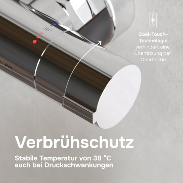 Duschthermostat mit Cool Touch Technologie und Verbrühschutz bei 38 Grad Celsius.