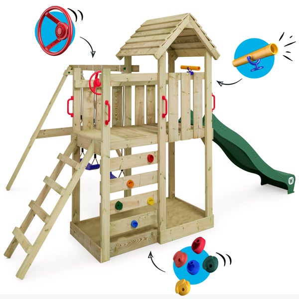 WICKEY Spielturm Klettergerüst MultiFlyer Holzdach mit Schaukel und Rutsche, Kletterturm mit Holzdach, Sandkasten, Leiter und Spiel-Zubehör - grün