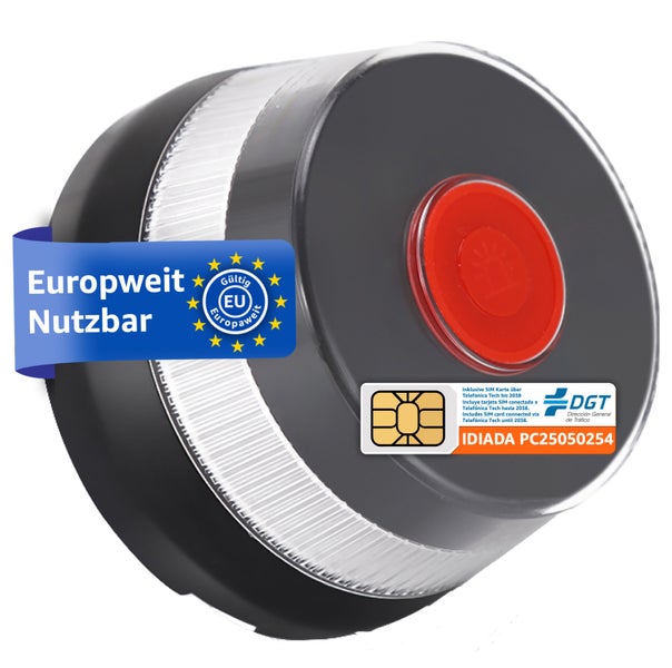 Europaweit nutzbares Gerät mit Gültig EU Siegel, inklusive SIM Karte und DGT Logo.