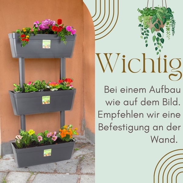 Blumenkasten-Turm mit blühenden Blumen, Hinweis zur Wandbefestigung.