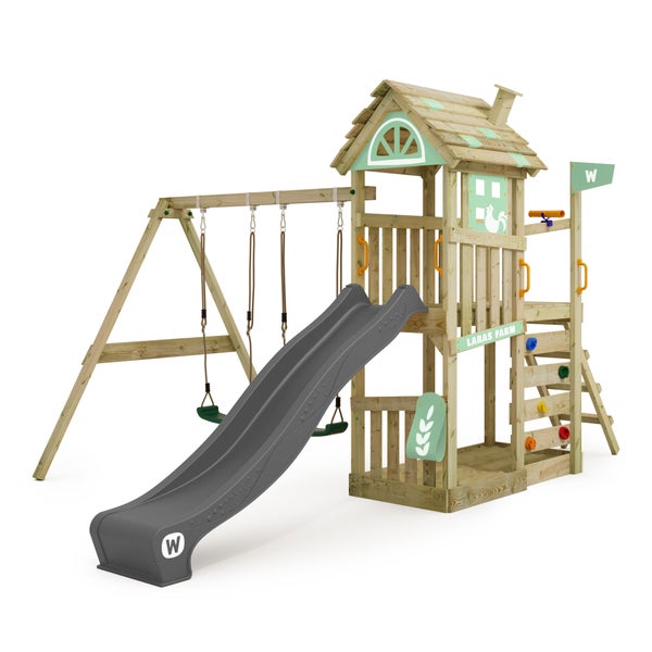 WICKEY Spielturm Klettergerüst FarmFlyer mit Schaukel und Rutsche, Kletterturm mit Sandkasten, Leiter und Spiel-Zubehör – pastellgrün