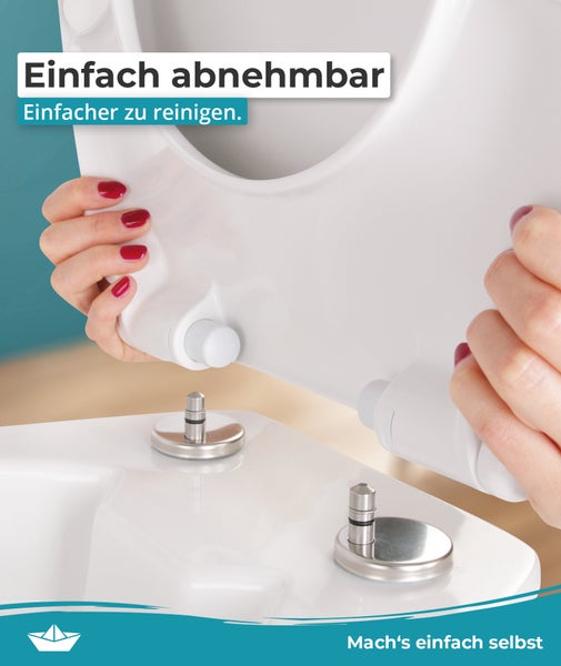 Calmwaters® WC Sitz Original einfache Montage, Premium Toilettendeckel bis 250 kg, Made in EU, aus antibakteriellem Duroplast, doppelte Absenkautomatik, 2 Montage Optionen, abnehmbar, Klobrille, oval, Weiß