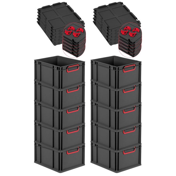 PROREGAL SparSet 10x Eurobox NextGen Color mit Auflagedeckel und Schiebeschnappverschlüsse, HxBxT 22x30x40cm, 20 Liter, Schwarz, Griffe rot geschlossen, Eurobehälter, Transportbox, Transportbehälter, Stapelbehälter