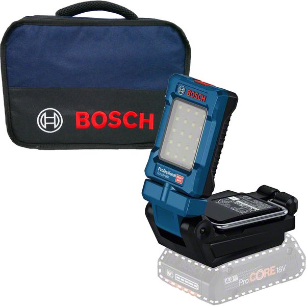 Bosch Logo mit Bosch Akku-Baustrahler und Tragetasche