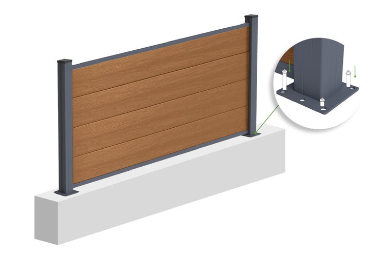 Sichtschutzzaun mit braunen horizontalen Lamellen und anthrazitfarbenen Metallpfosten sowie Detailansicht der Bodenmontage mit Schrauben.