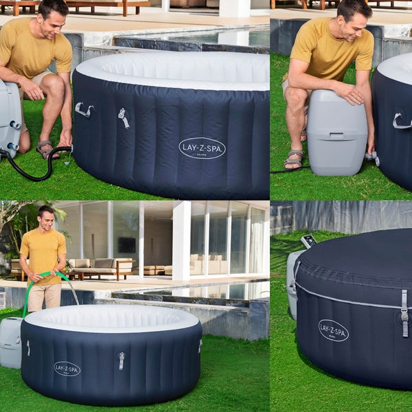 Aufblasbarer Lay-Z-Spa Whirlpool auf einer Rasenfläche mit zwei Personen beim Aufbau