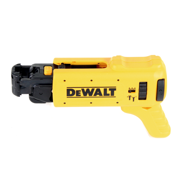 Gelber und schwarzer DeWalt Magazinvorsatz für Trockenbauschrauber aus Kunststoff und Metall.