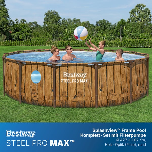 Bestway Steel Pro MAX Splashview Frame Pool rund in Holz-Optik Pinie, 427 mal 107 Zentimeter, mit Sichtfenster und Familie im Garten.