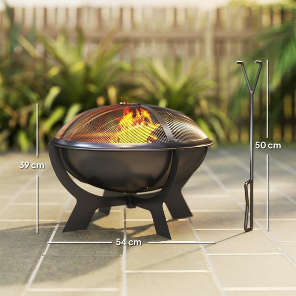 Outsunny Feuerschale Ø54x39cm aus Metall Rund Feuerstelle mit Funkenschutz Schürhaken Tragbare Feuerschalen Feuerkorb für Garten, Balkon Terrasse, Outdoor Camping Schwarz