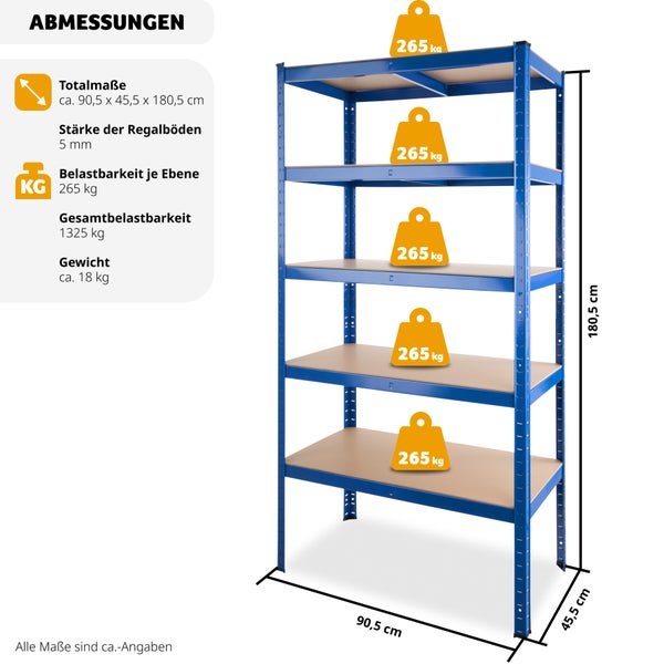 Schwerlastregal tectake  90,5 x 45,5 x 180,5 cm mit 5 Böden blau