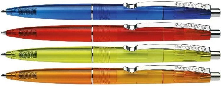 Set von vier Schneider Kugelschreibern mit transparentem Gehäuse und Metallclip