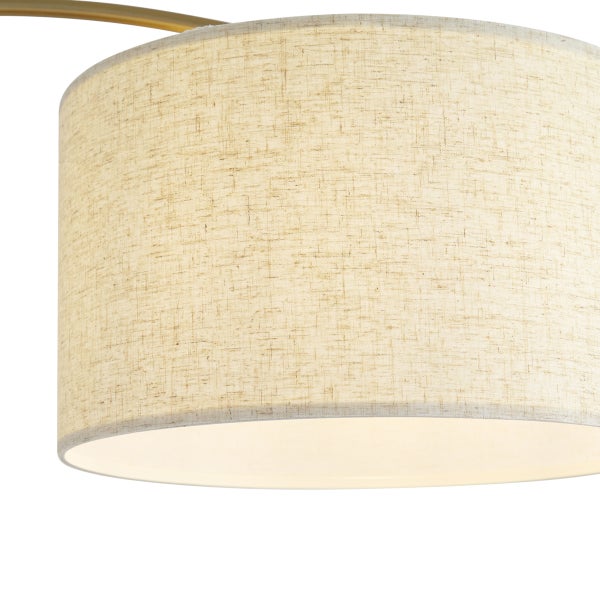 Zylindrischer Lampenschirm aus Textil mit sichtbarer Stoffstruktur an einem Metallarm.