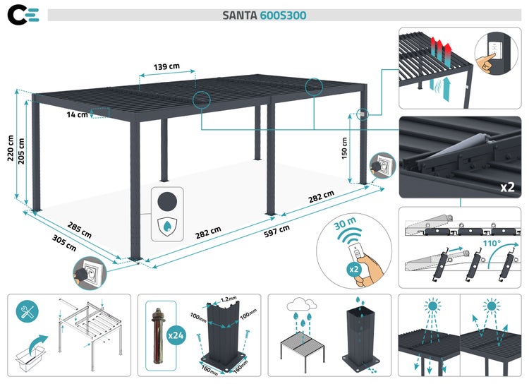 Pergola bioklimatisch aus graue Aluminium SANTA 6x3m - elektrisch verstellbares Lamellendach