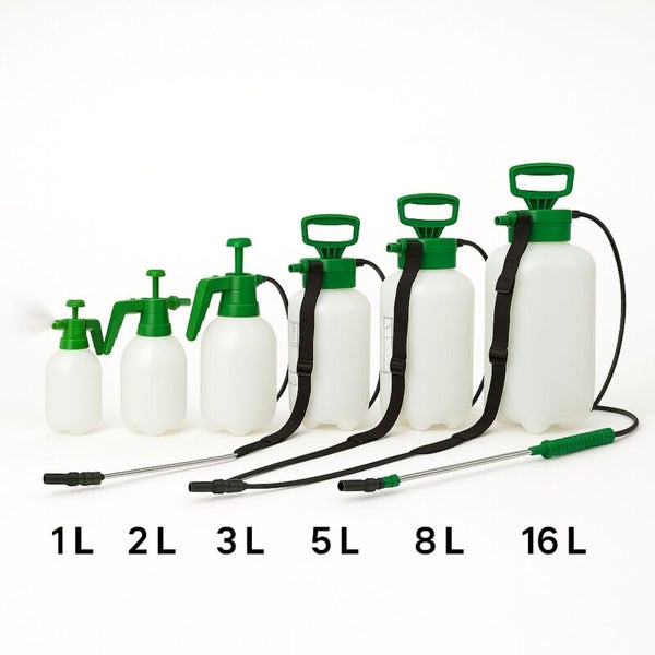 Drucksprüher in verschiedenen Größen von 1 Liter bis 16 Liter mit weißem Kunststoffbehälter und grünen Funktionsteilen.