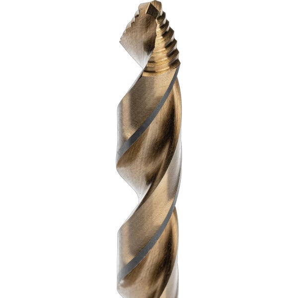 Nahaufnahme eines Metallbohrers mit Spiralnut und spezialgeschliffener Spitze.