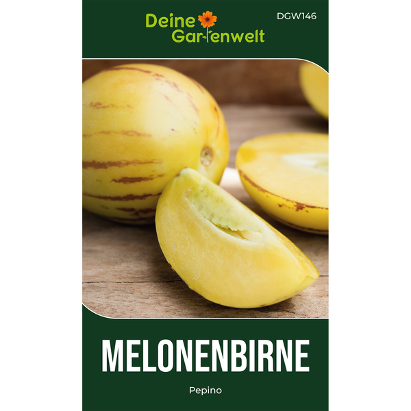 Samenpackung für Melonenbirne Pepino von Deine Gartenwelt. Abbildung einer ganzen und aufgeschnittenen Frucht auf Holz.