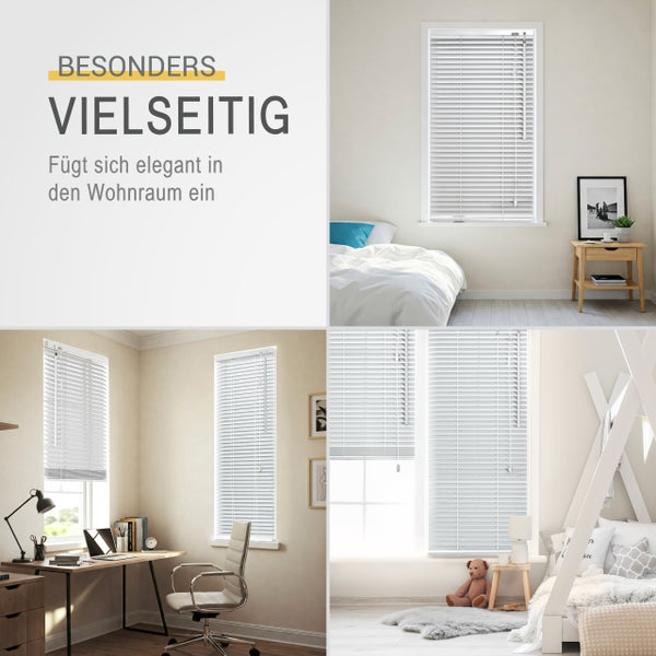 Vielseitige Jalousie in unterschiedlichen Wohnraumszenarien wie Schlafzimmer, Arbeitszimmer und Kinderzimmer.