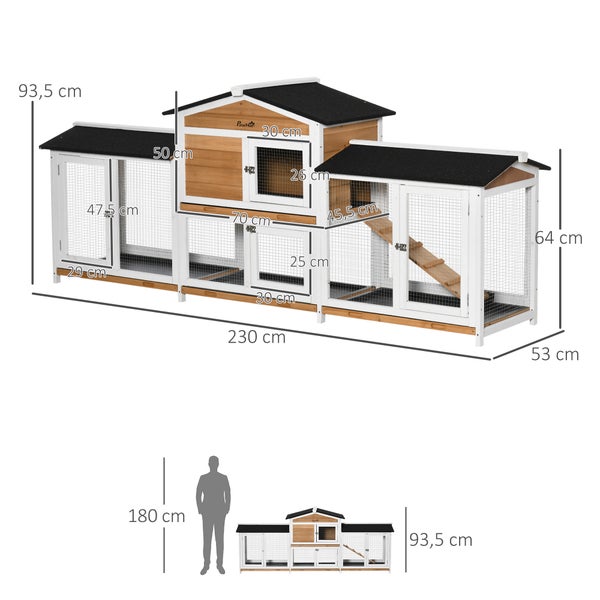 PawHut Kleintierstall Meerschweinchenstall mit Rampe Auslauf Zwergkaninchenstall mit Asphaltdach winterfest Zwergkaninchenkäfig Kleintierkäfig für draußen Tannenholz 230 x 53 x 93,5 cm Weiß