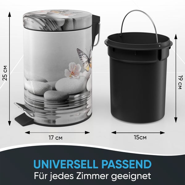 Treteimer mit Dekor und herausnehmbarem Inneneimer sowie Maßangaben