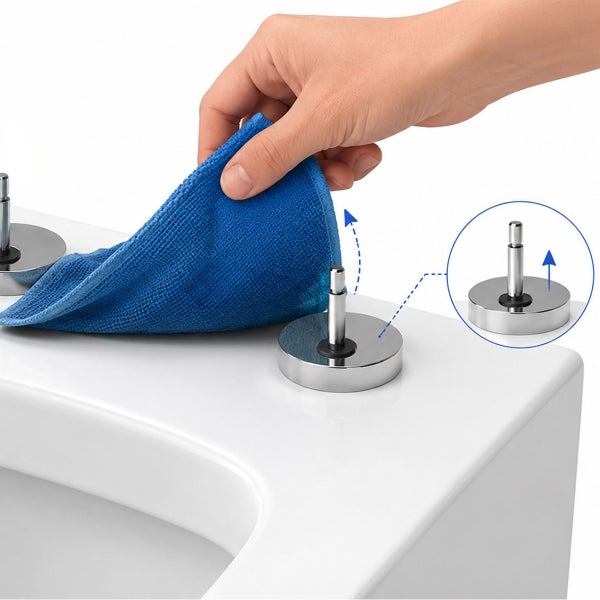 Hand beim Reinigen der Toilettensitz Befestigung mit einem Tuch, Darstellung der einfachen Montage und Demontage der WC Sitz Scharniere