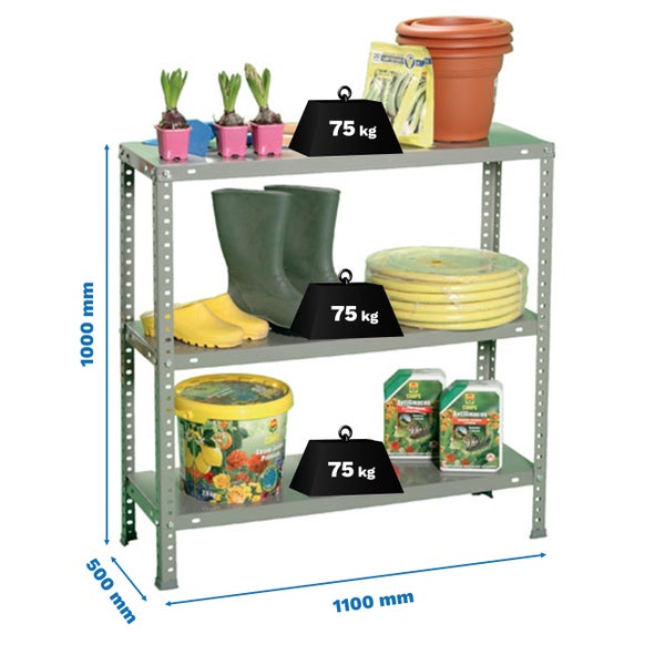 Metallregal mit drei Böden, Tragkraft 75 Kilogramm pro Boden. Maße: 1000 Millimeter hoch, 1100 Millimeter breit, 500 Millimeter tief.