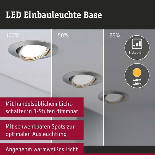 LED Einbauleuchte Base mit 3-Stufen-Dimmfunktion über den Lichtschalter, schwenkbaren Spots und warmweißem Licht.