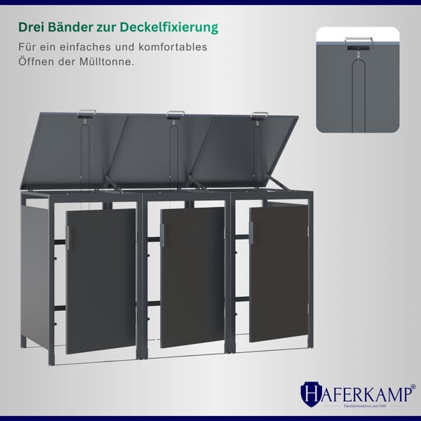 Mülltonnenbox für drei Tonnen mit Deckelfixierung durch Bänder zum einfachen Öffnen der Mülltonnendeckel Haferkamp Logo