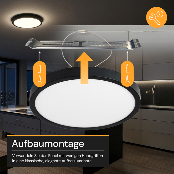 Montageanleitung für ein rundes LED-Panel zur Aufbaumontage mit Halterung und Schraubensymbolen in einer modernen Küche.