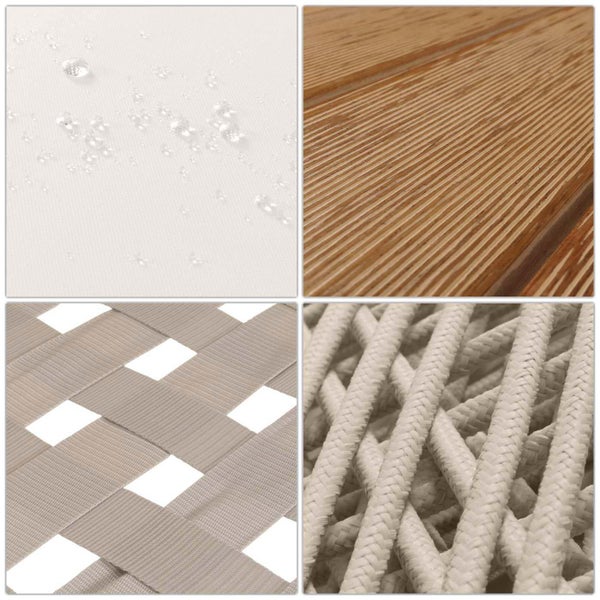 Materialdetails: wasserabweisender Stoff, geriffeltes Holz, gewebte Bänder und geflochtenes Seil für Gartenmöbel.