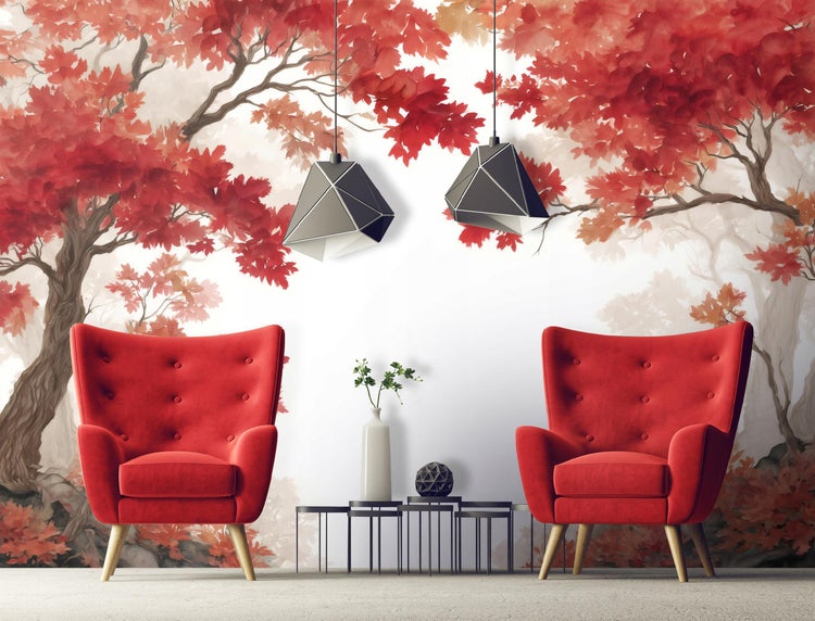Zwei rote Sessel im Raum mit Baumtapete und Pendelleuchten