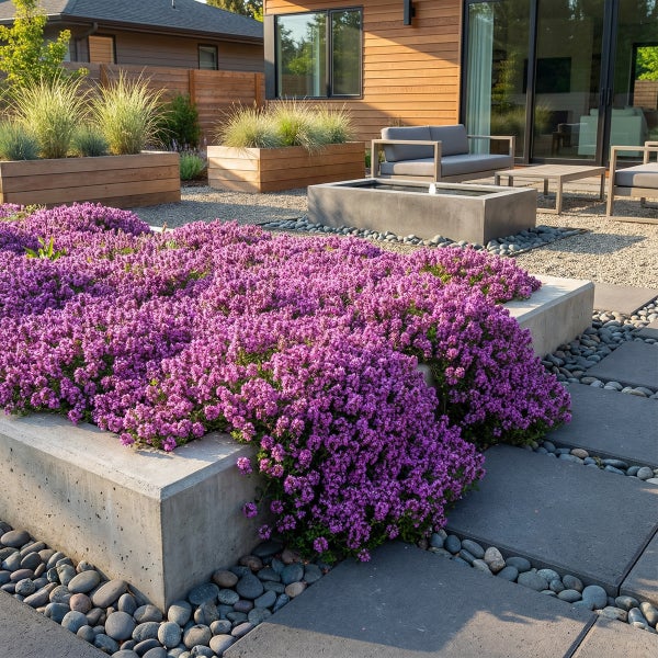 Moderner Außenbereich mit violetten Blumen in einem Betonhochbeet, grauen Bodenplatten, Flusssteinen, Gartenmöbeln und einem Wasserspiel.