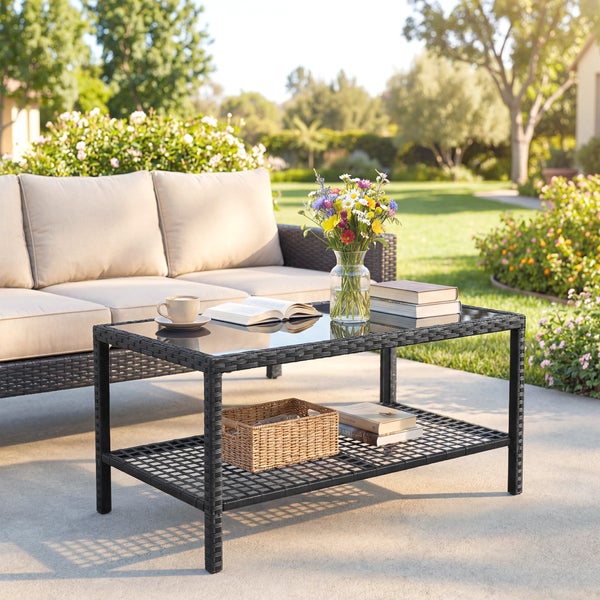 Moderner Loungetisch aus dunklem Polyrattan mit Glasplatte und Ablagefläche auf einer sonnigen Terrasse neben einem Sofa im Garten.