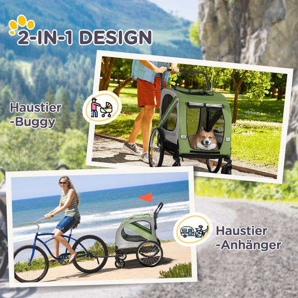 PawHut 2-in-1 Hundeanhänger & Hundebuggy, Hundefahrradanhänger Fahrradanhänger, Hundewagen mit Reflektoren für Mittelgroße Hunde bis 20 kg, Oxford-Gewebe, Grün