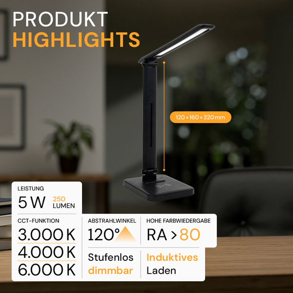 Schwarze LED-Tischleuchte mit induktiver Ladefunktion