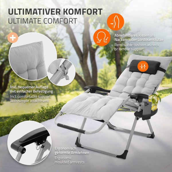 Entspannungsliege mit bequemer Auflage, abnehmbarem Kissen und ergonomisch geformten Armlehnen