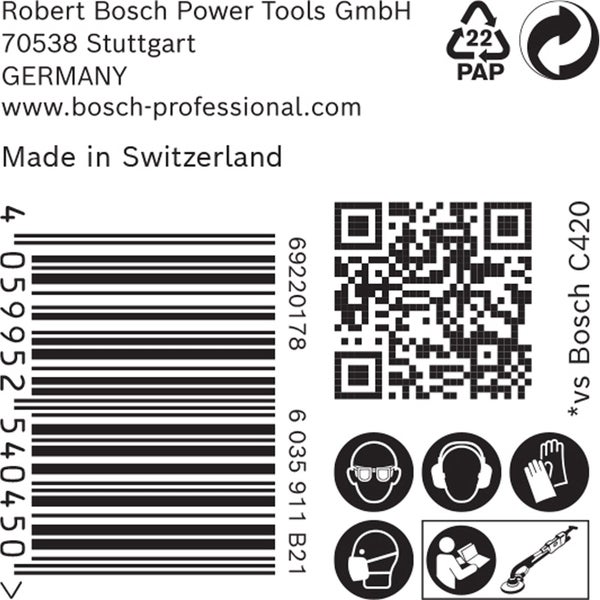 Papierverpackungssymbol, Barcode, QR Code und Sicherheitshinweise für Bosch Werkzeuge
