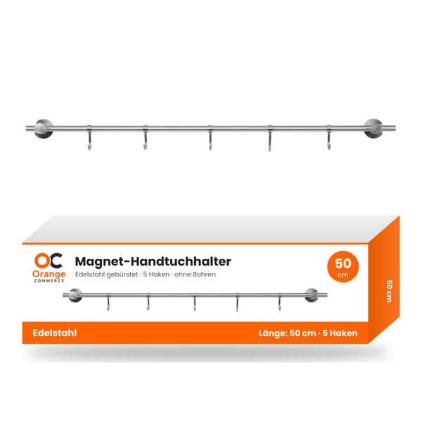 Magnet-Handtuchhalter aus gebürstetem Edelstahl, 50 Zentimeter lang, mit 5 Haken zur Montage ohne Bohren.