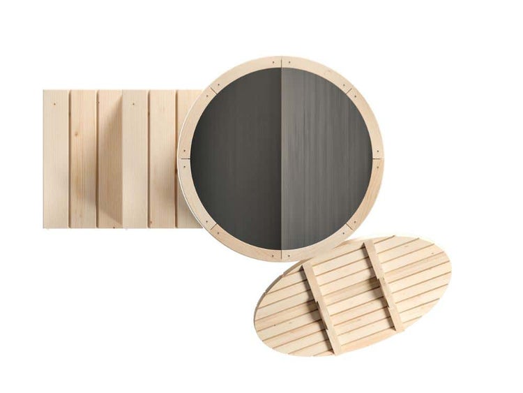 Draufsicht eines runden Badefasses aus Holz mit dunklem Innenbecken, Holzdeckel und Treppenmodul.